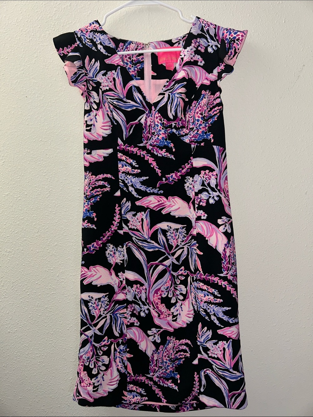 Lilly Pulitzer Floral Flutter Sleeve Dress - Black with Pink & Purple Print